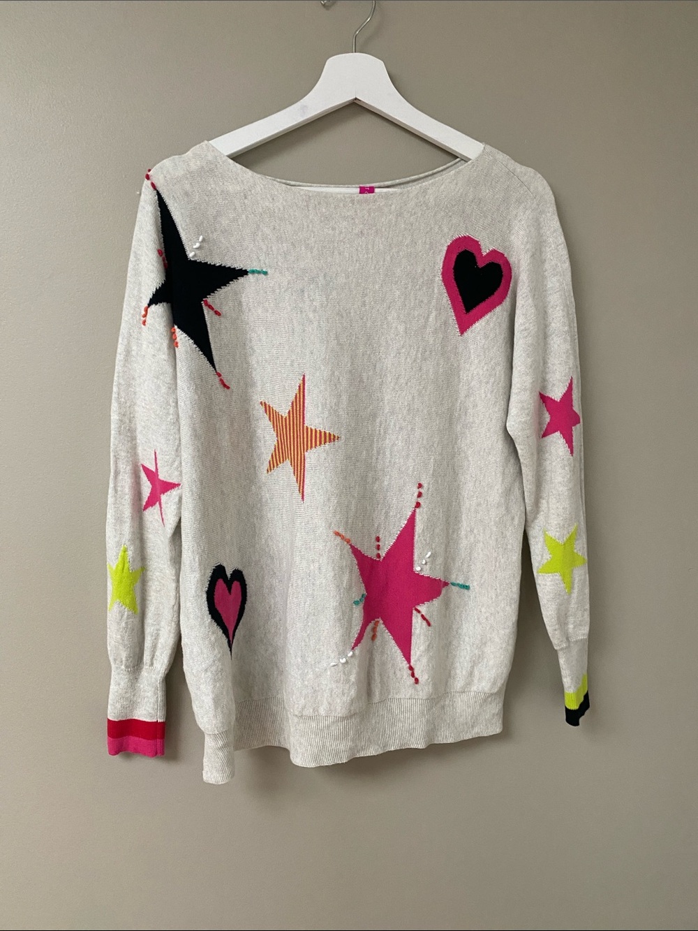 Zaket and Plover Cream Star & Heart Pattern Cotton Cashmere Sweater Small